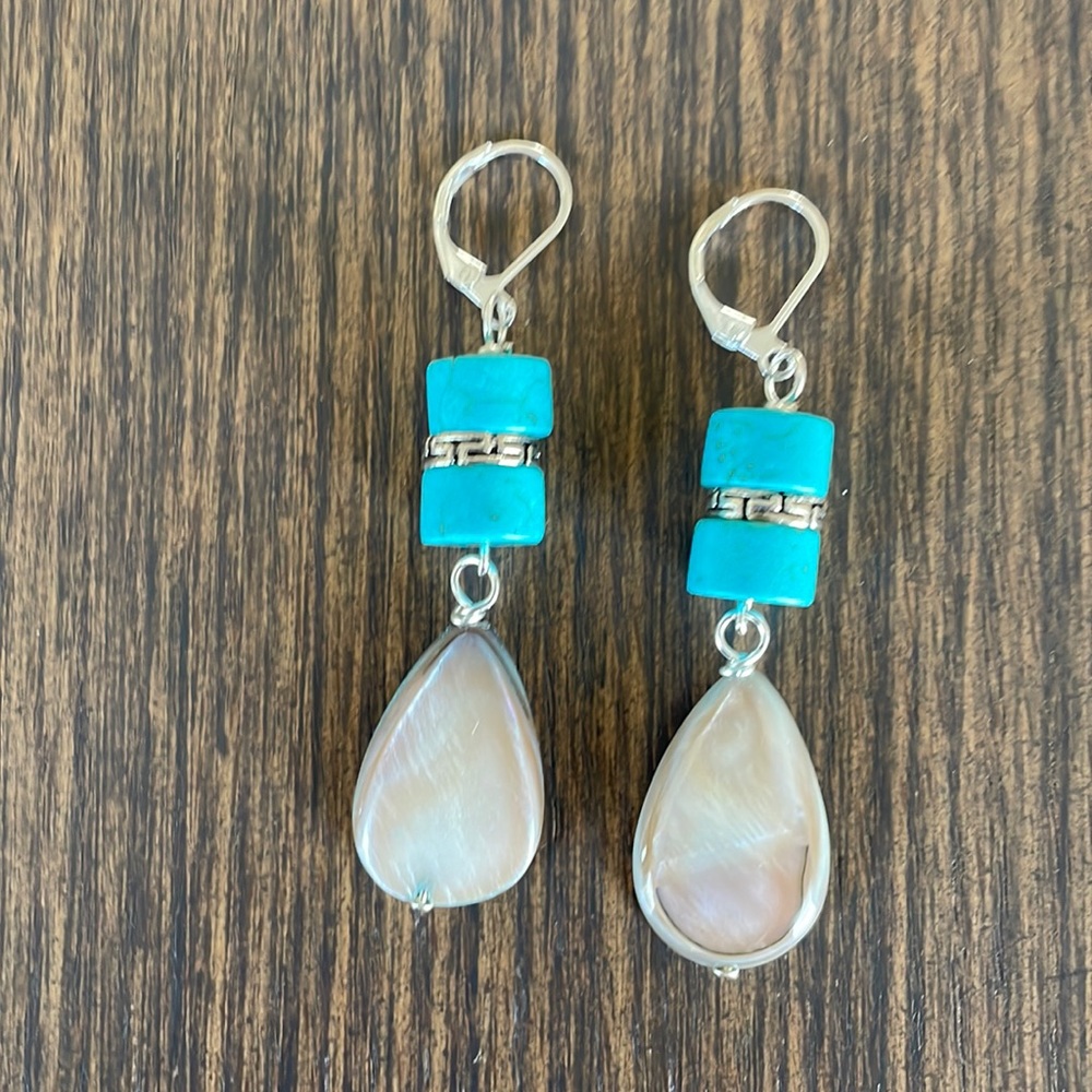 HAND CRAFTED EARRINGS Turquoise Rondelles “Greige” Mother of Pearl Teardrops
